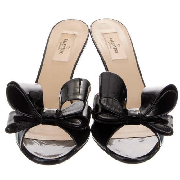 Valentino Shoes - Valentino Patent Leather Bow Accents Slides